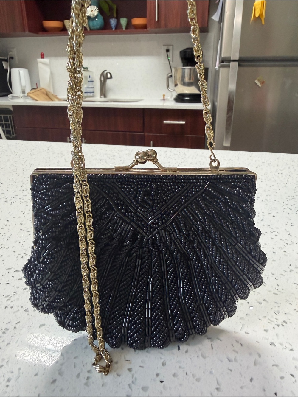 Vintage La Regale Black Beaded Clam Shell Evening Bag, Sparkly Clutch Handbag